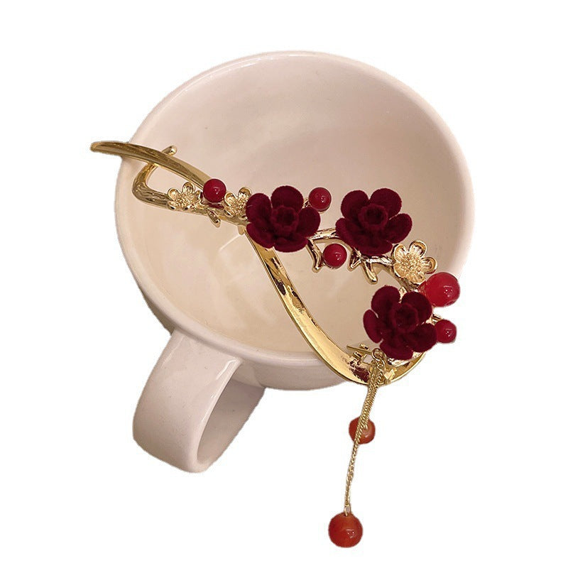Wholesale tassel one-word hairpin back head plum blossom clip metal frog buckle twist clip headdress